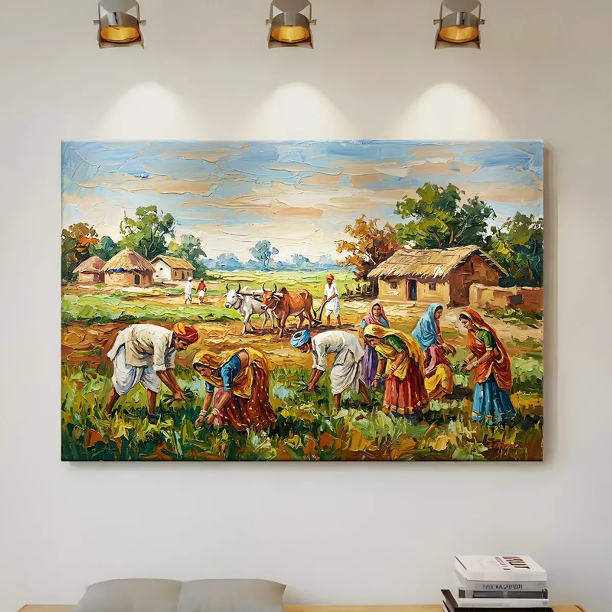 Large canvas wall art with farmers and village huts displayed on a wall