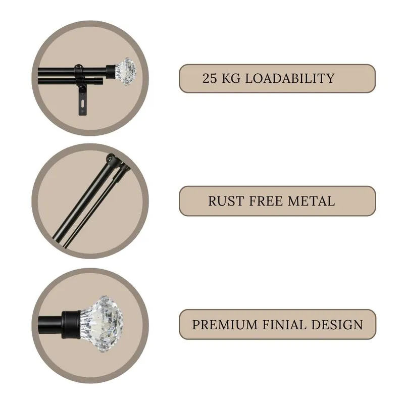 Black double curtain rod with clear finial detail