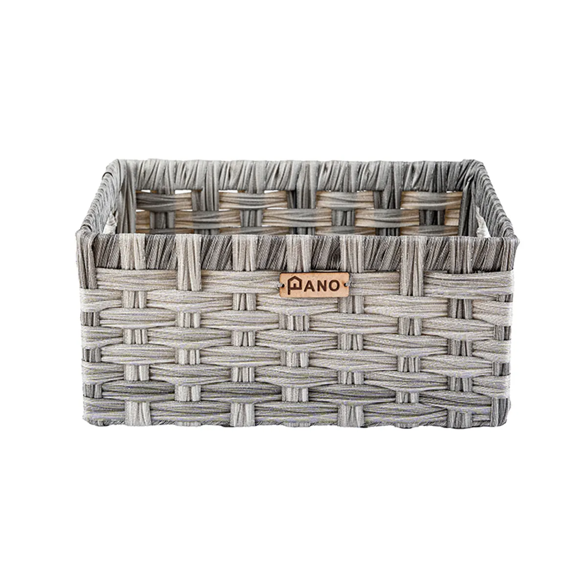 Single grey woven-look rectangular storage basket against a white background