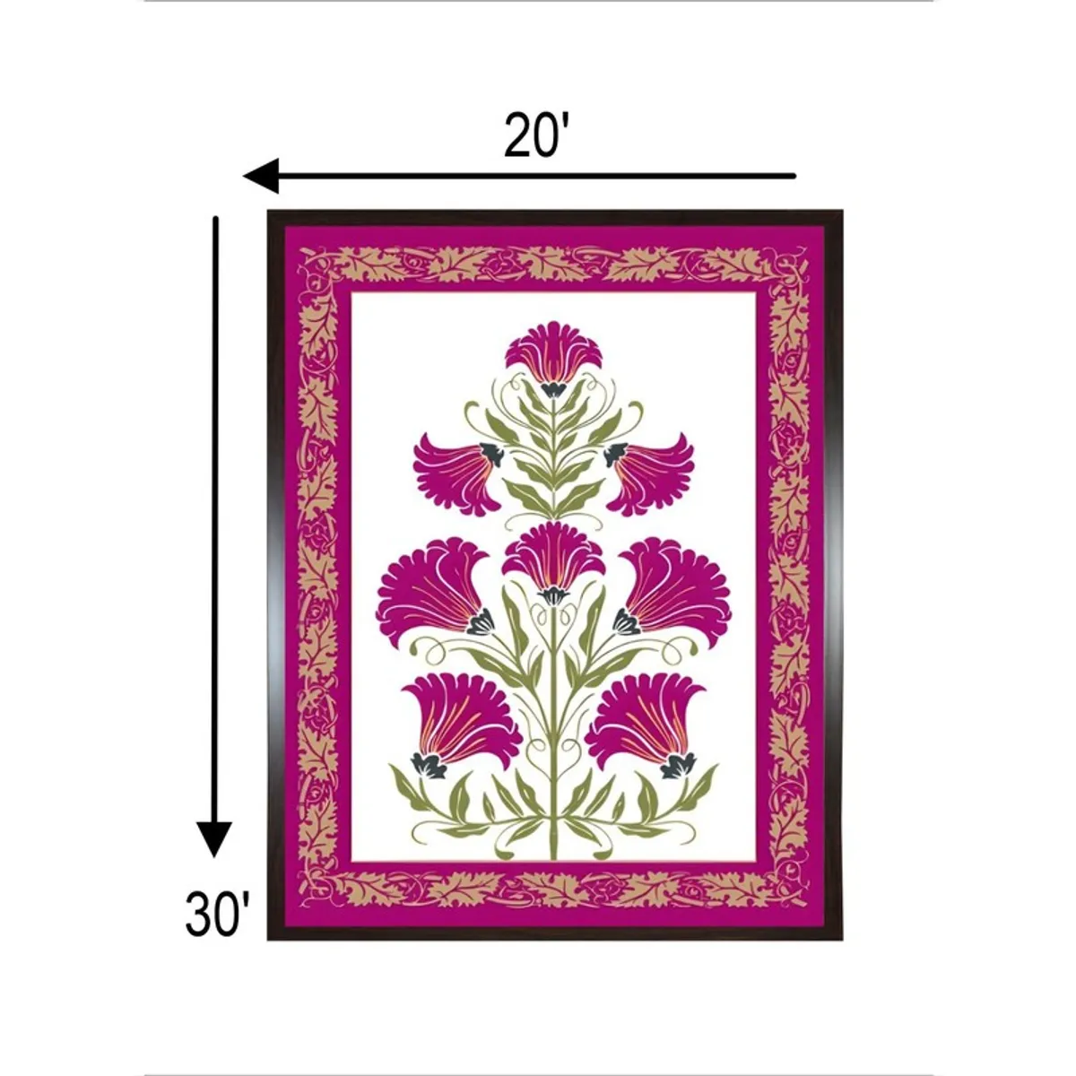 Framed pink botanical wall painting with size illustration