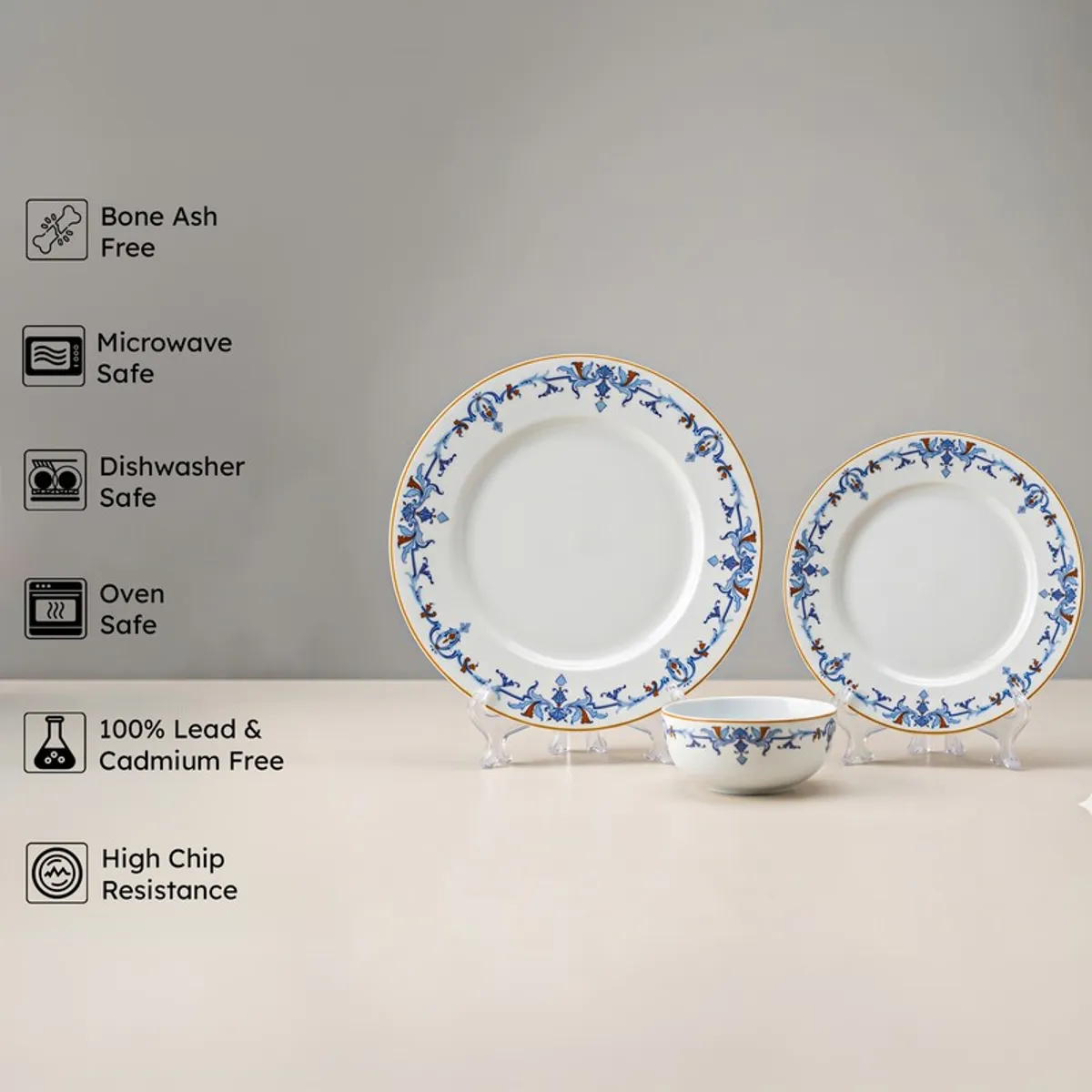 Blue and white porcelain dinnerware set with floral border shown together