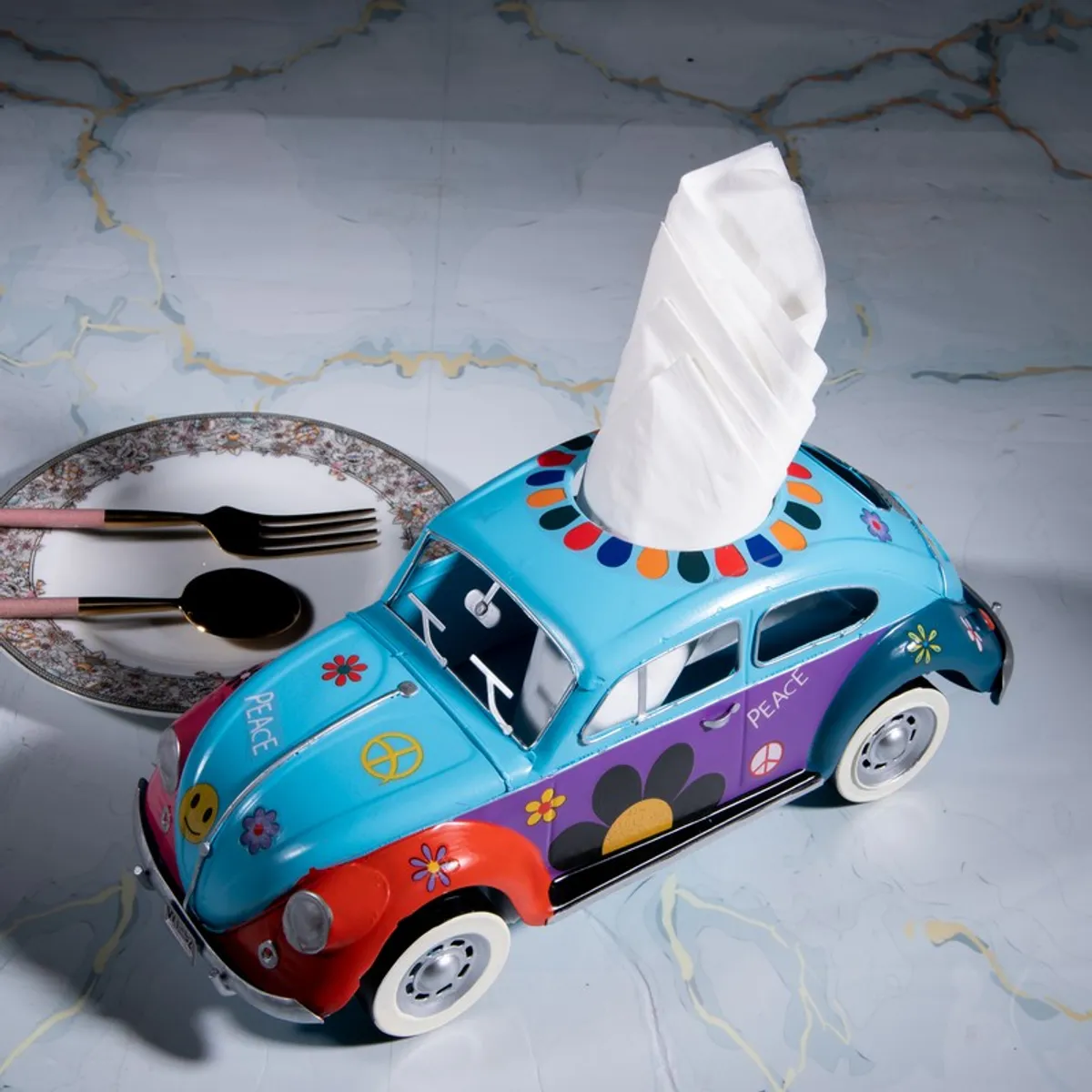 Top view of vintage car showpiece with tissue placed through the roof opening