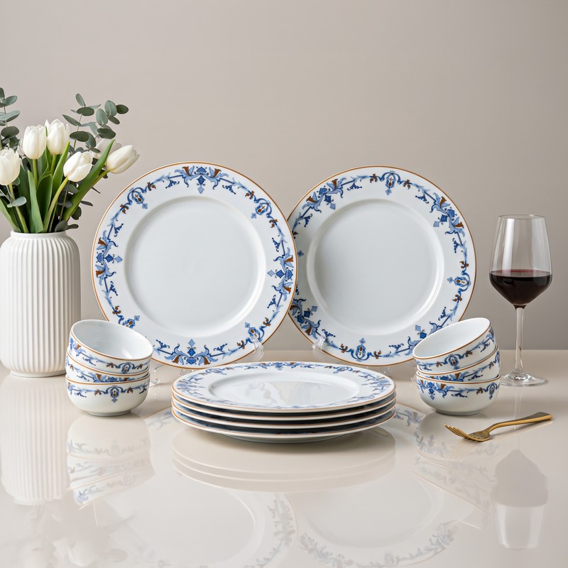 Tewkesbury Tavo Porcelain Dinner Set (Blue & White) - 12 Piece Set