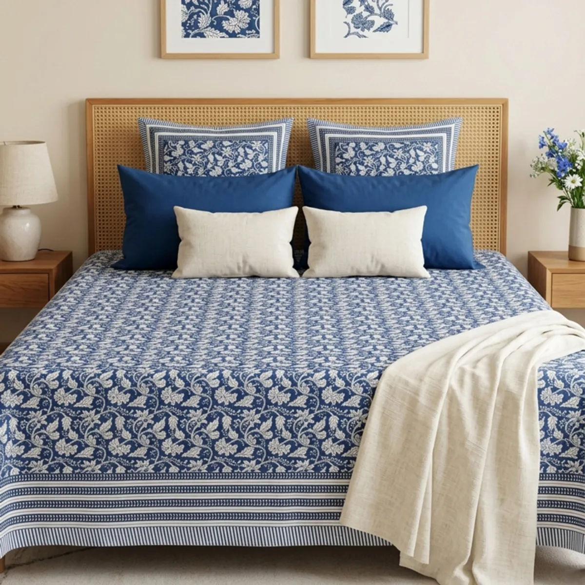 Blue floral bedsheet on a bed with white and navy cushions