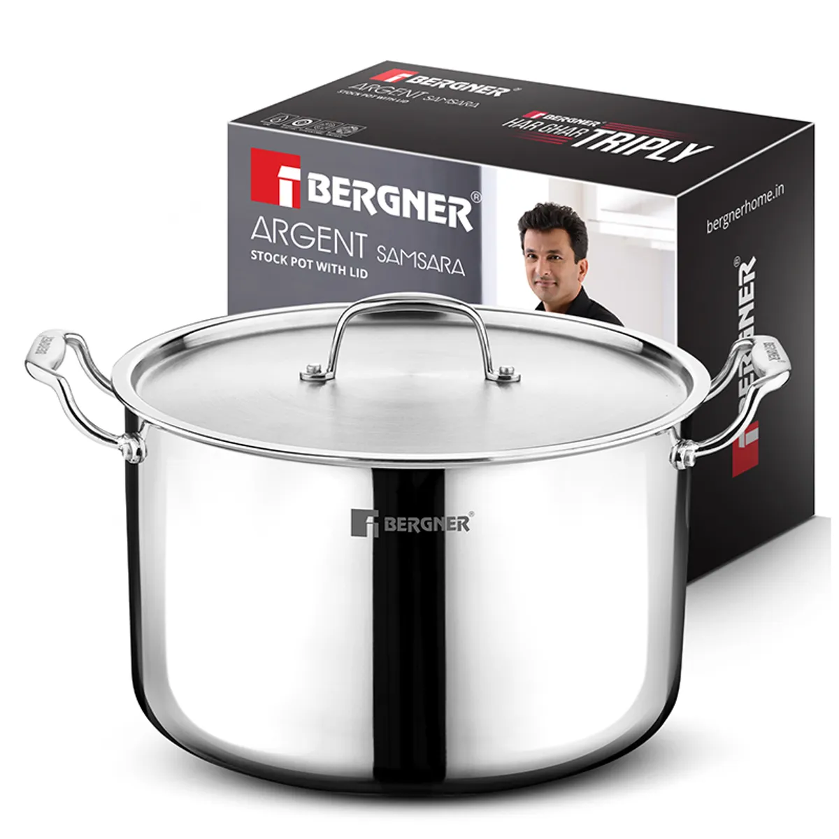 Silver cooking pot with lid and side handles displayed with its product box