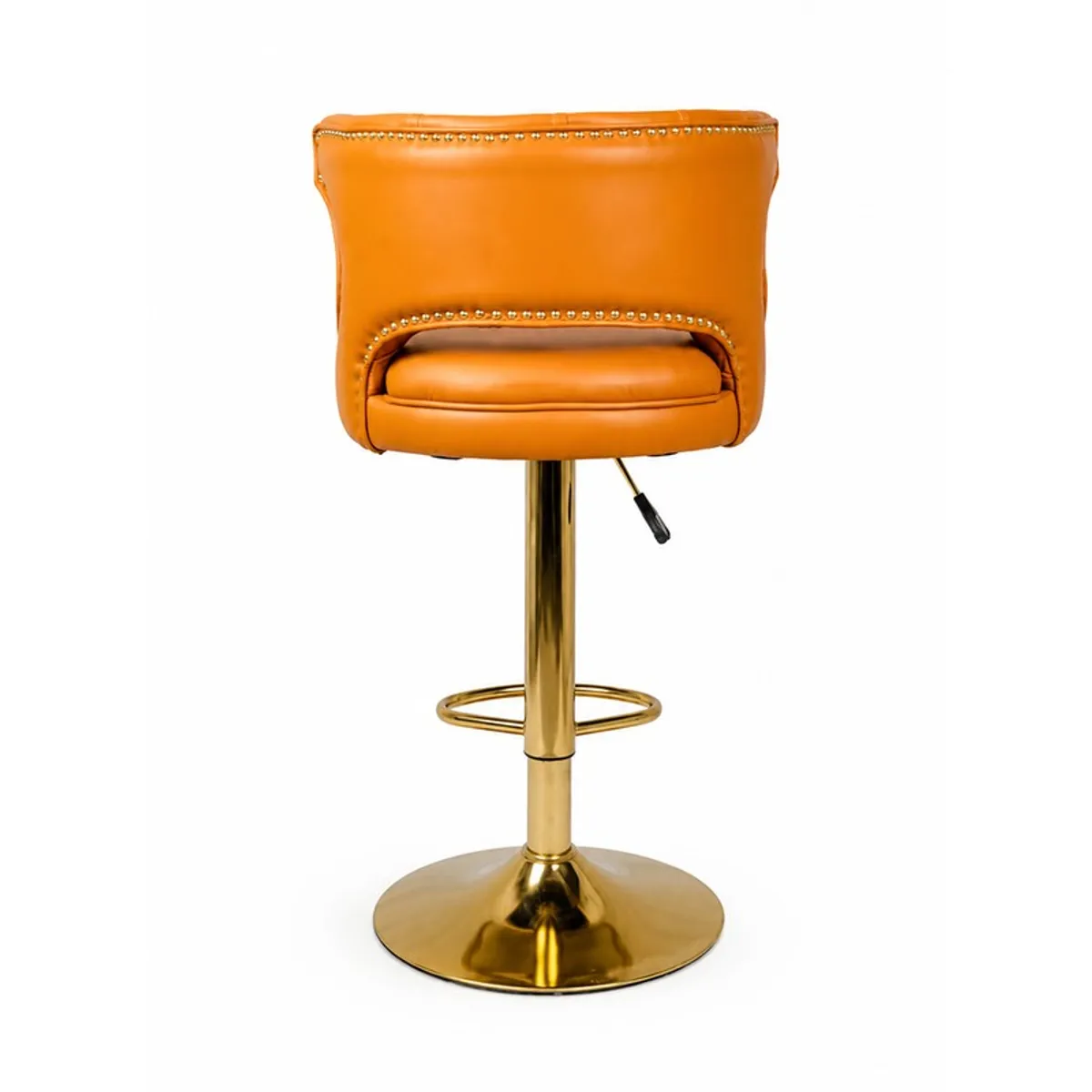 Back view of the orange bar stool with a curved upholstered back
