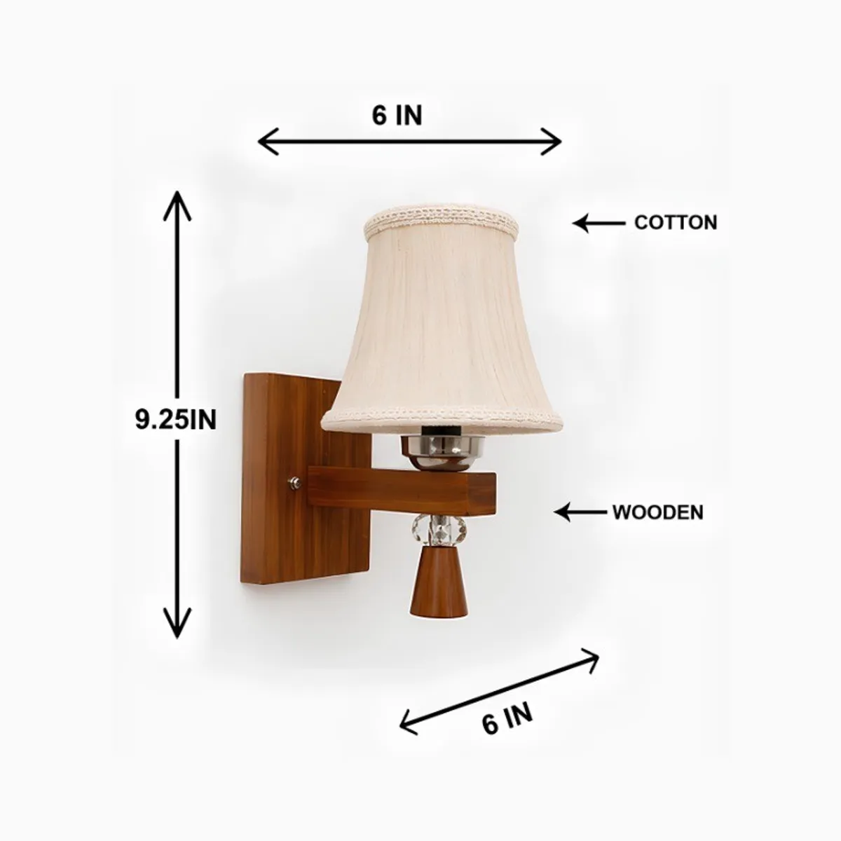 White pleated wall lamp with wooden base shown with dimensional arrows