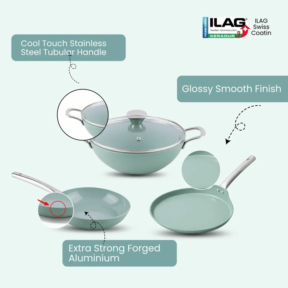 Three cookware pieces with visible size callouts and glass-lidded kadai