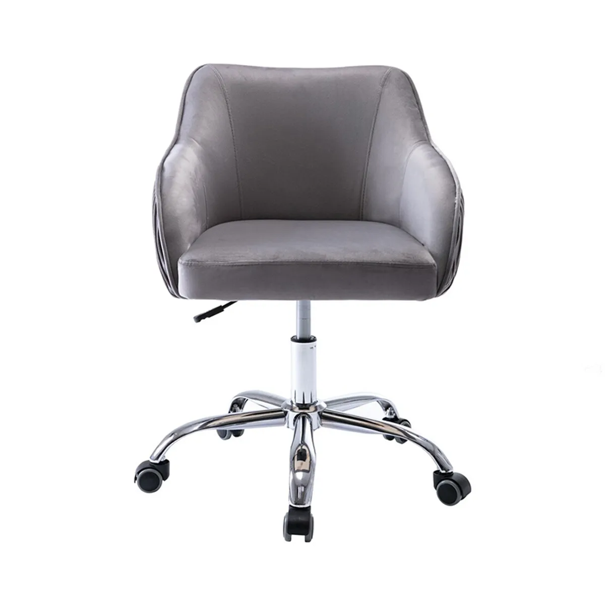 Front view of a grey velvet office chair with padded arms and metal base