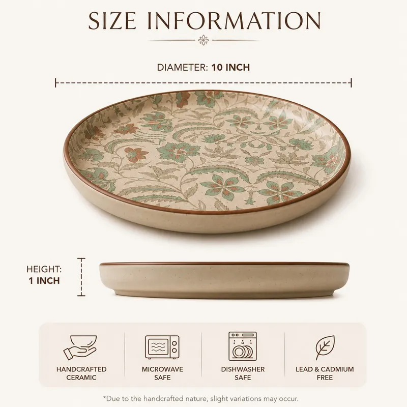 Round patterned ceramic dinner plate shown with side profile view