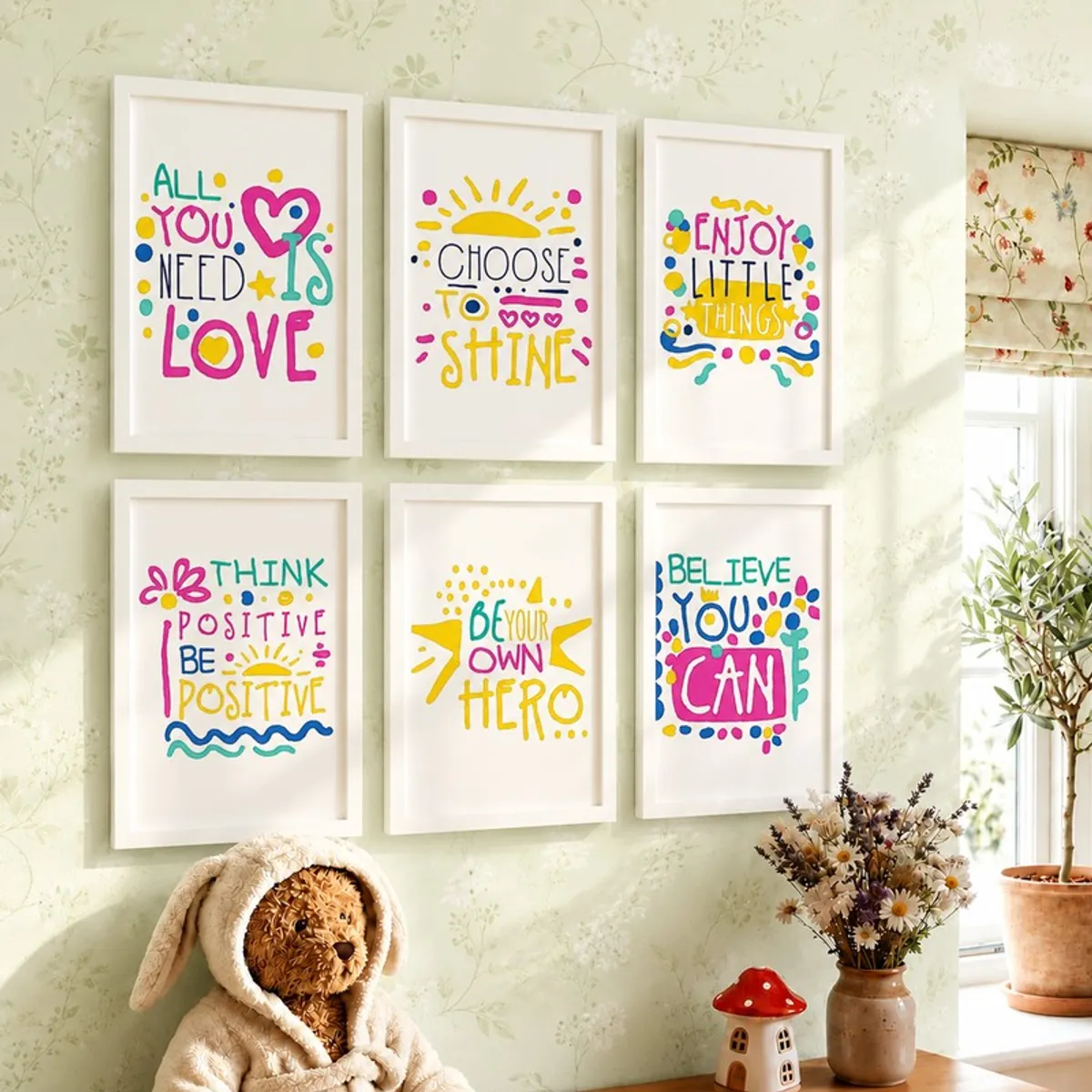 Six multicolour motivational wall art prints in white rectangular frames