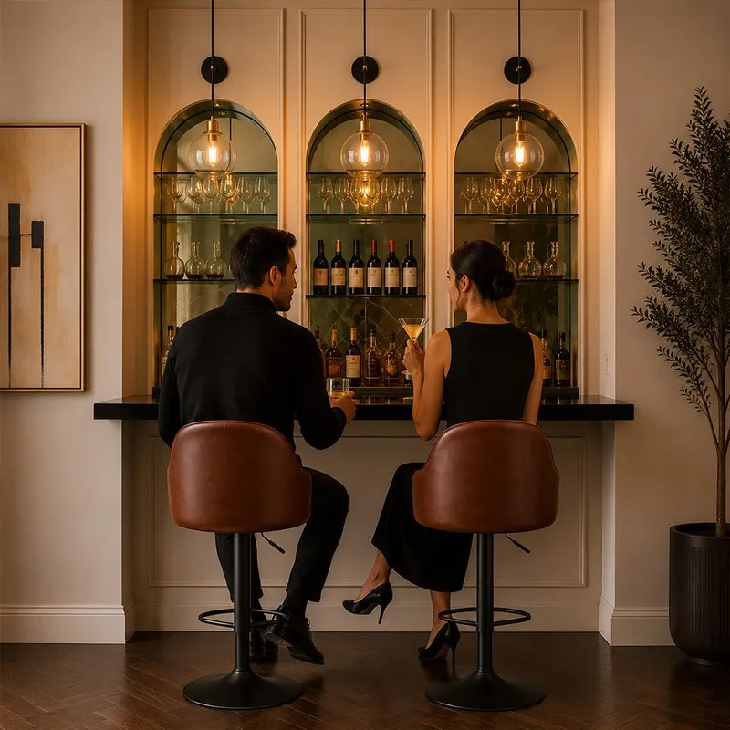 Two brown bar chairs placed at a home bar counter