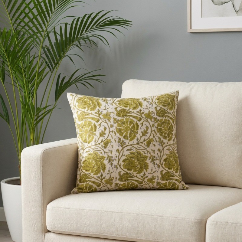 Bloom Weave Printed Cotton Cushion Cover - Green,White