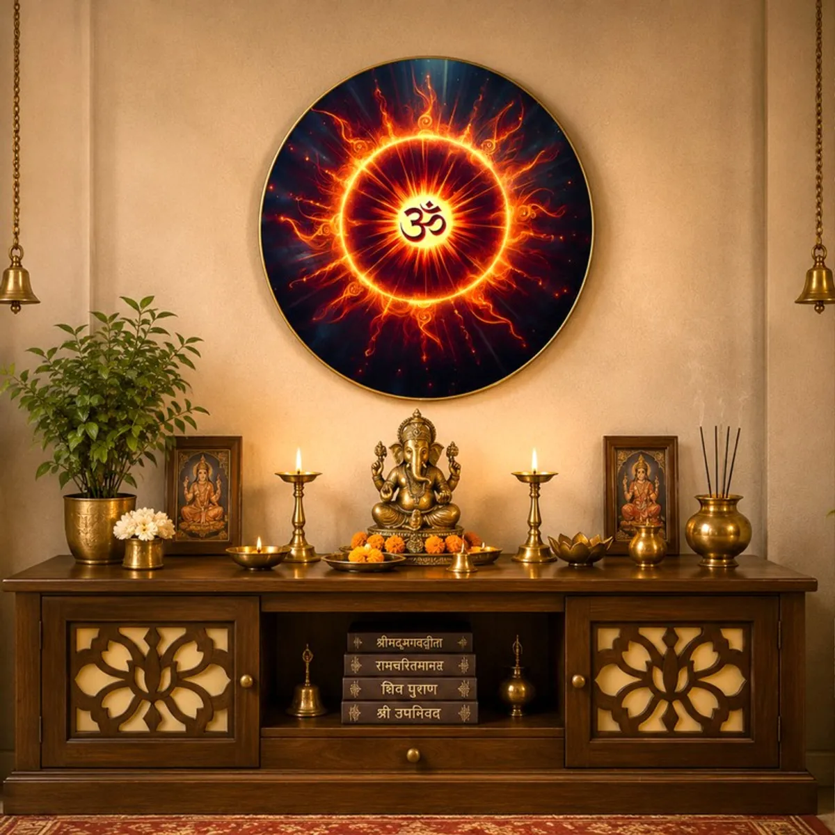 Round Om wall art displayed above a wooden prayer console with brass decor