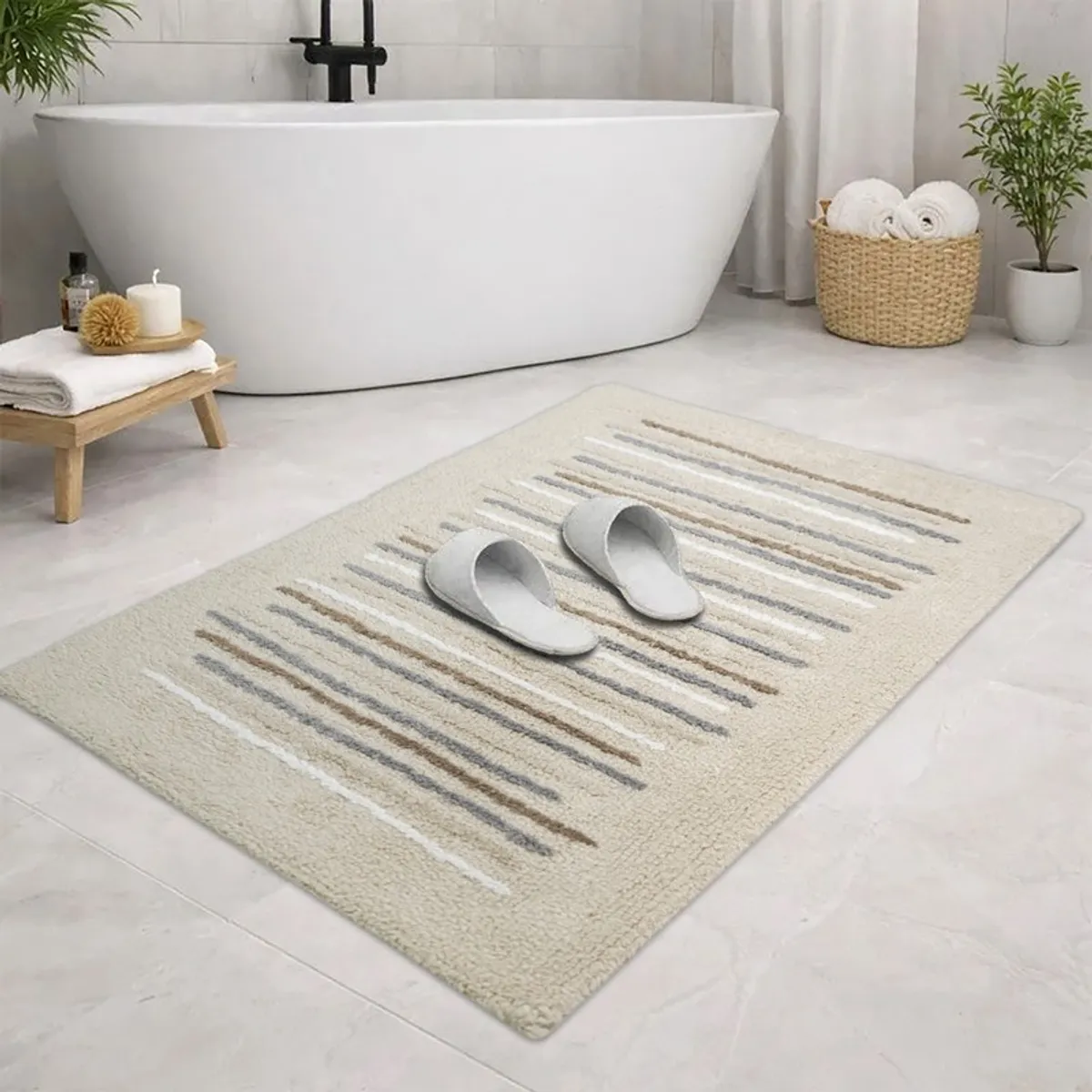 Beige striped bath mat styled beside a freestanding bathtub with slippers on top.