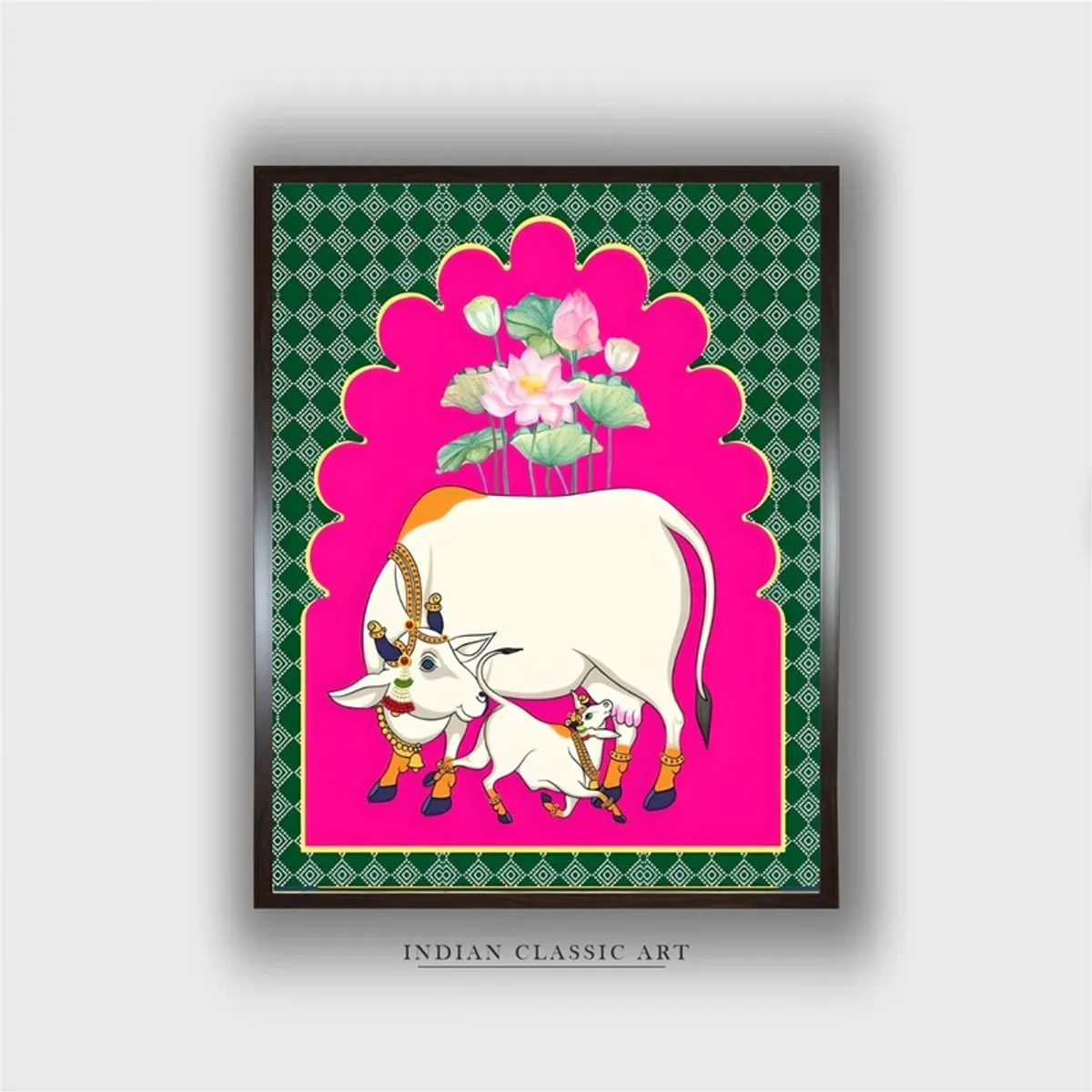 Front view of framed mother calf lotus canvas wall painting