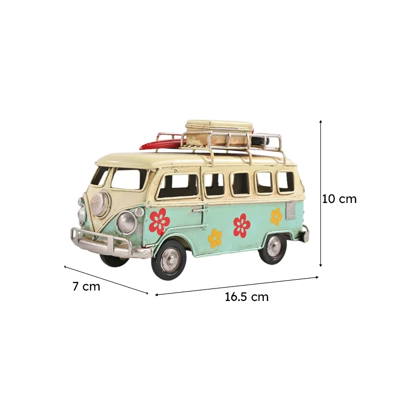 Blue and ivory caravan showpiece with visible dimensions shown beside it