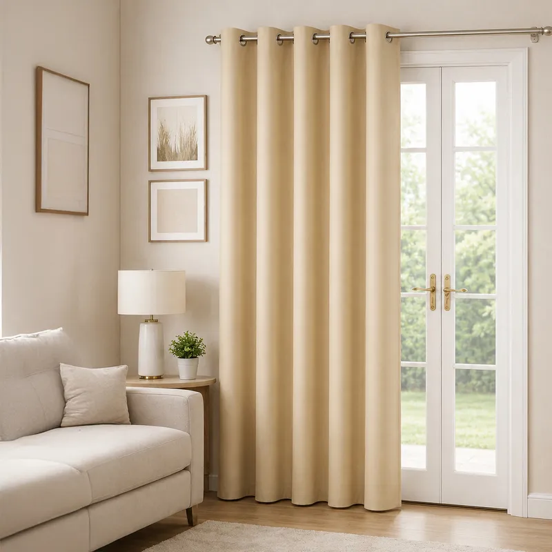Beige eyelet curtain hanging beside a glass door in a neutral living room