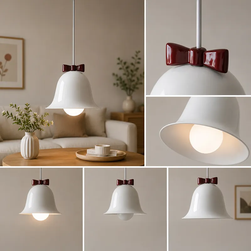 Collage of the white bell pendant lamp with close-ups of the red bow and glowing bulb