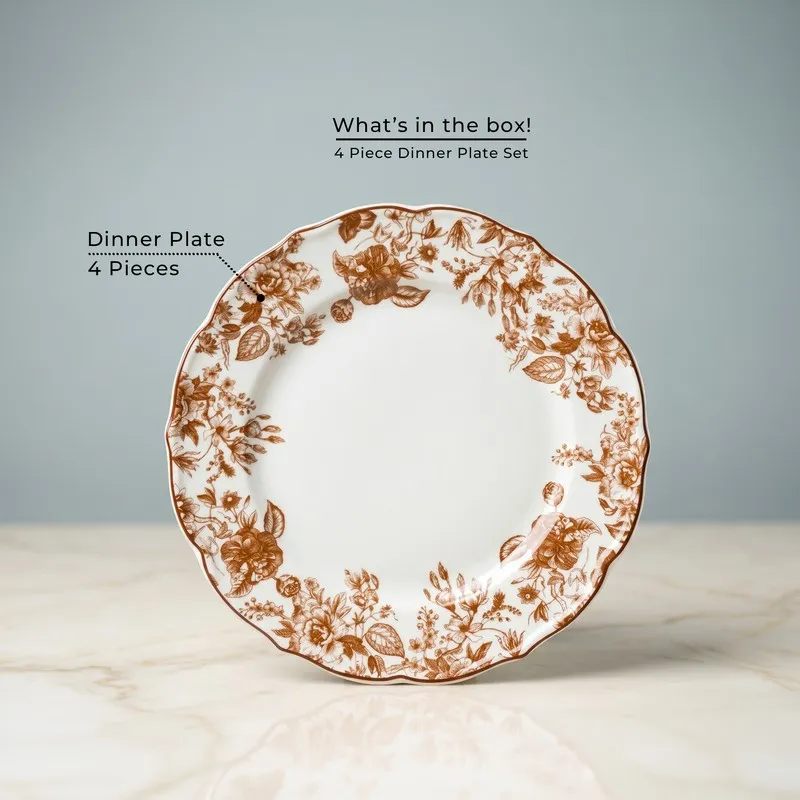 Single red and white floral dinner plate shown front on