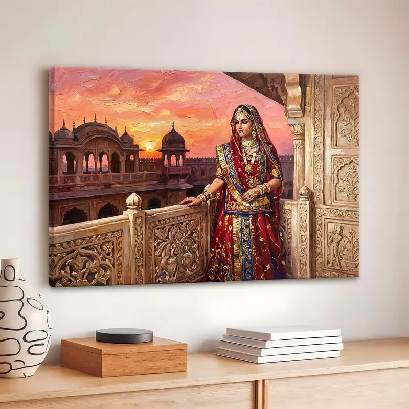 Royal Rajput Princess Sunset Palace Canvas Wall Painting