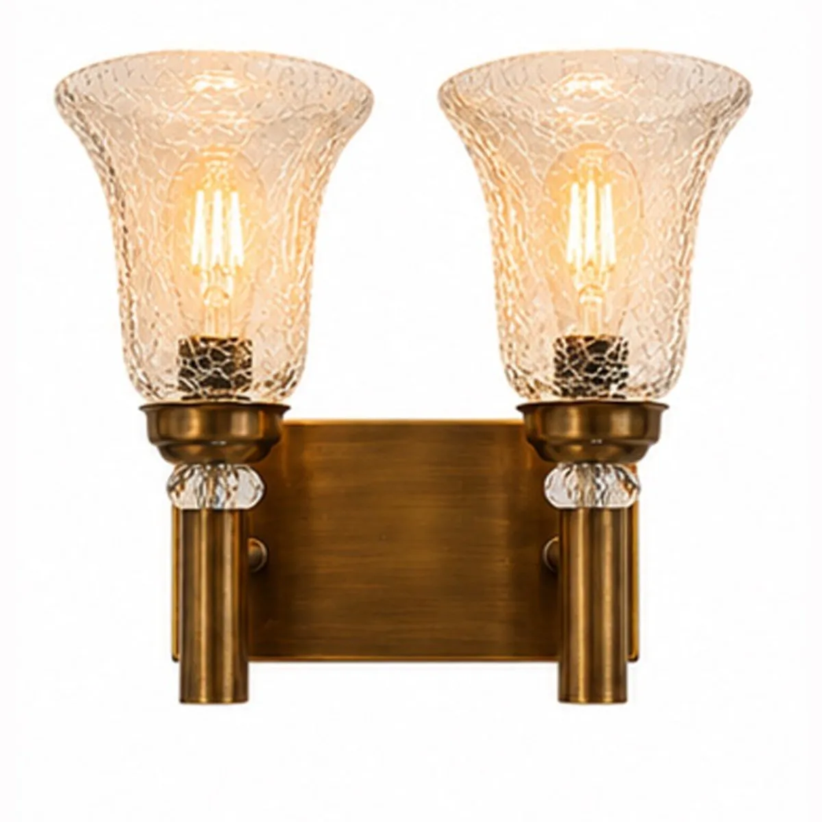 Front view of gold twin wall lamp with two transparent glass shades