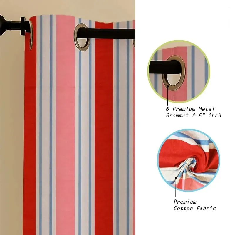 Close-up of striped curtain fabric and metal eyelets on rod