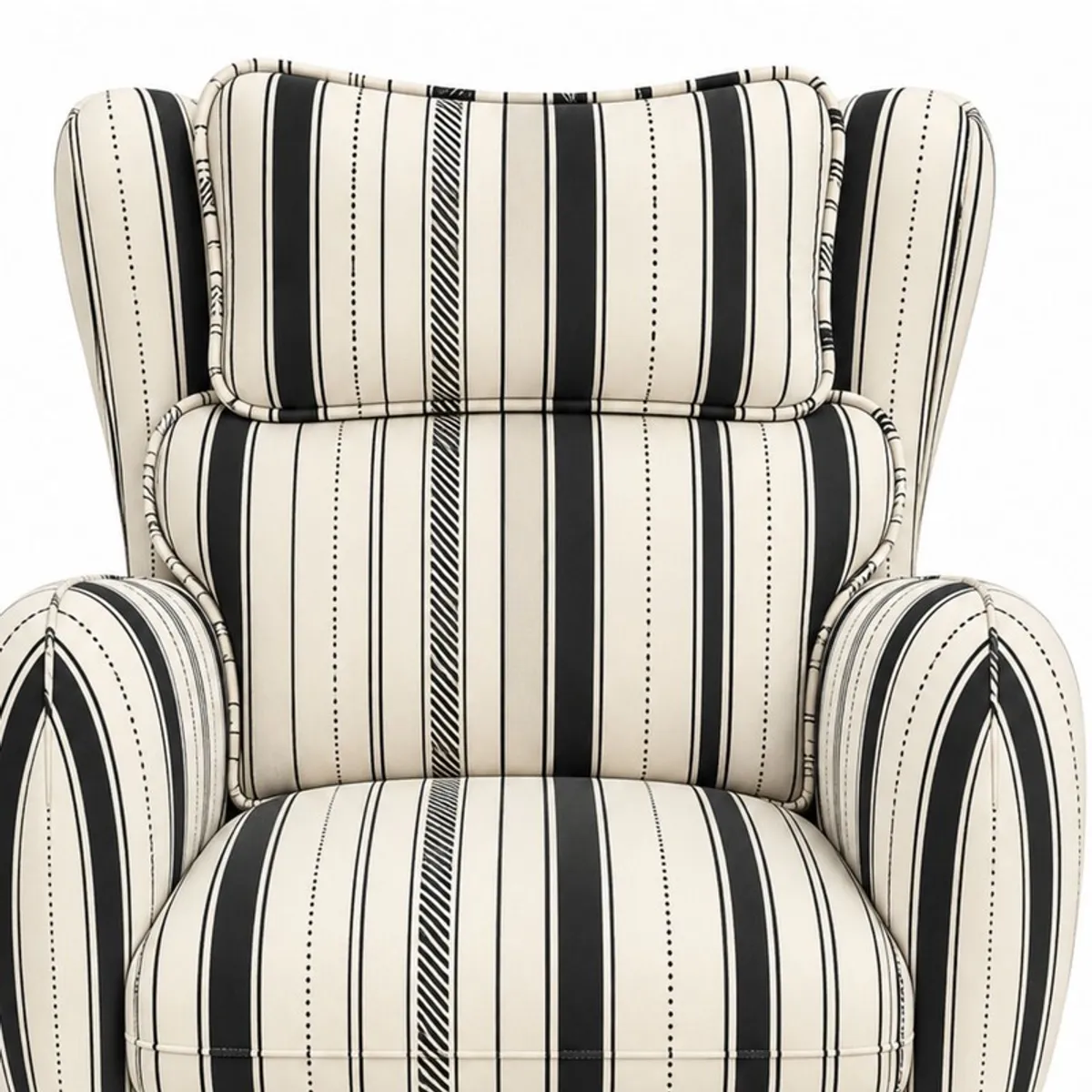 Close view of the chair's striped back, arms and cushioned seat