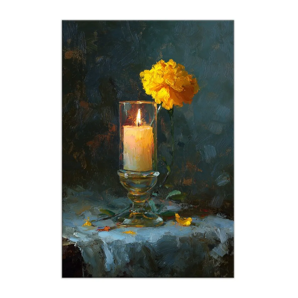 Front view of candle and yellow flower canvas wall painting with dark moody backdrop