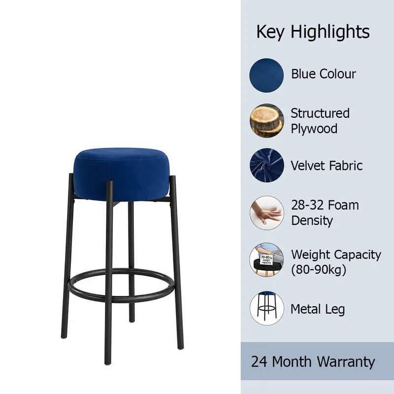 Blue bar stool with black metal legs on a white background