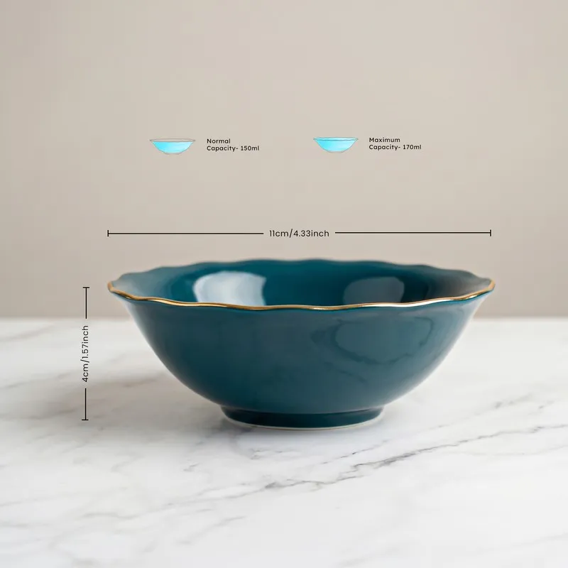 Dark teal bowl with gold rim and scalloped edge shown from the side.
