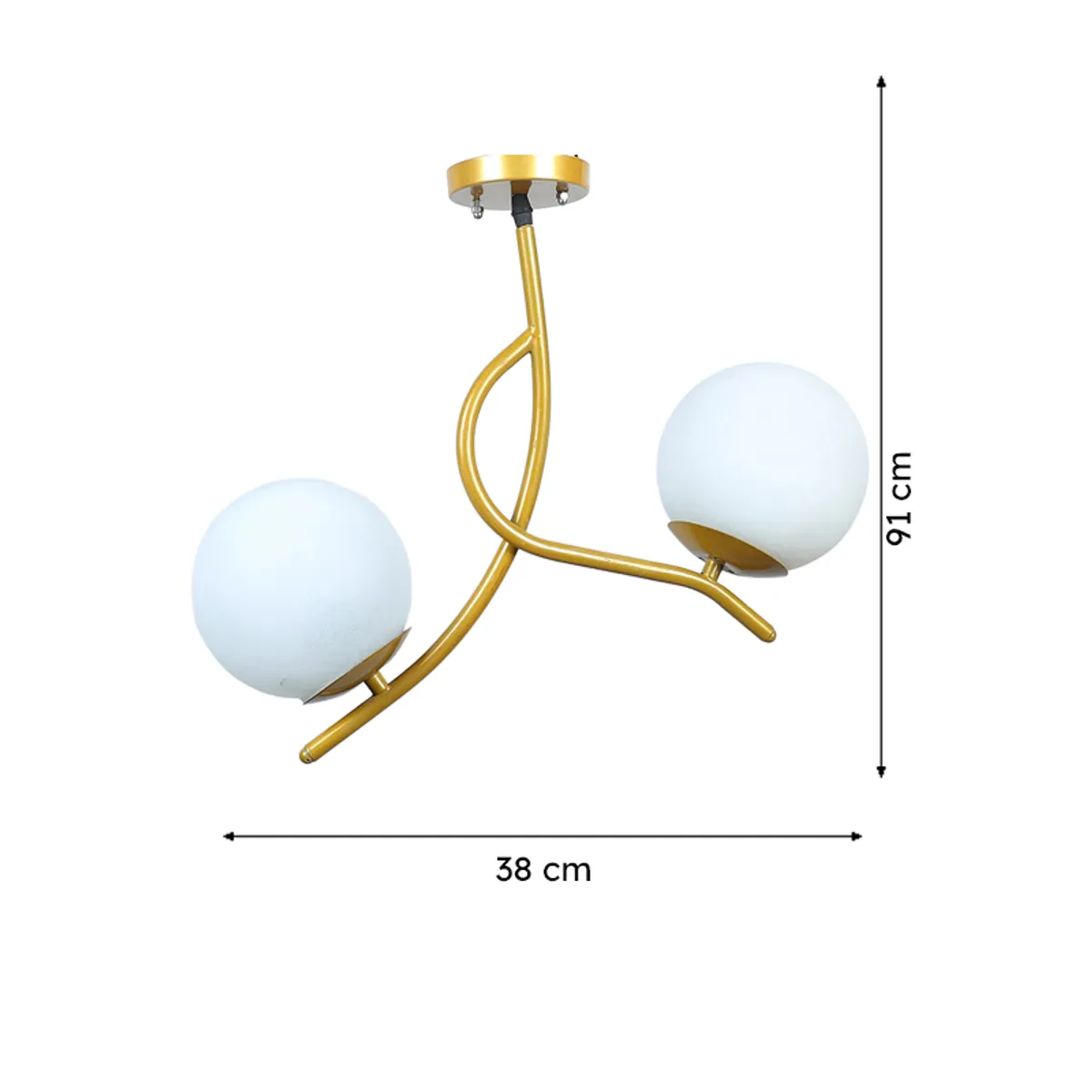 Gold two-sphere ceiling lamp shown with 38 cm width and 91 cm height