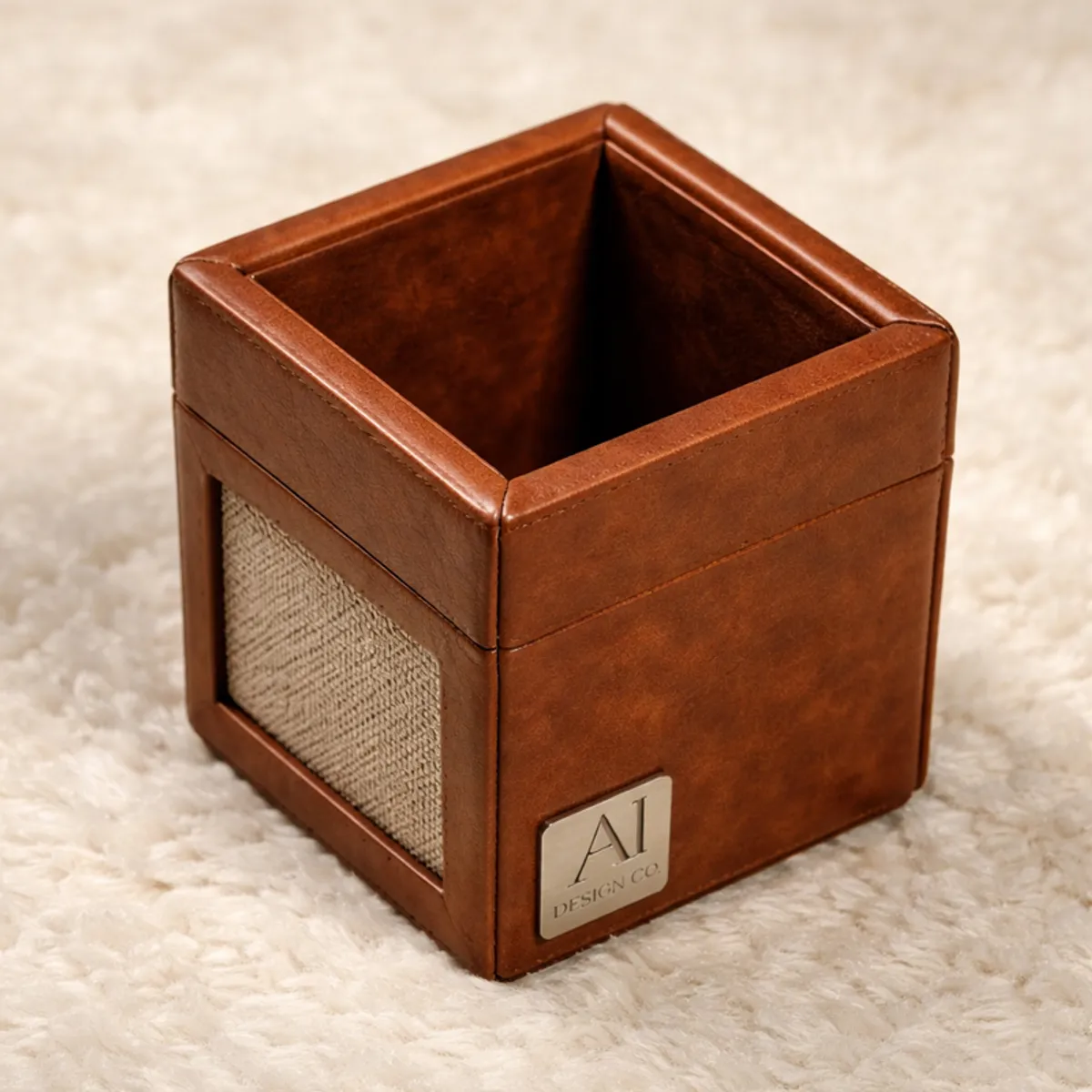 Brown square pen stand shown empty on a soft neutral surface