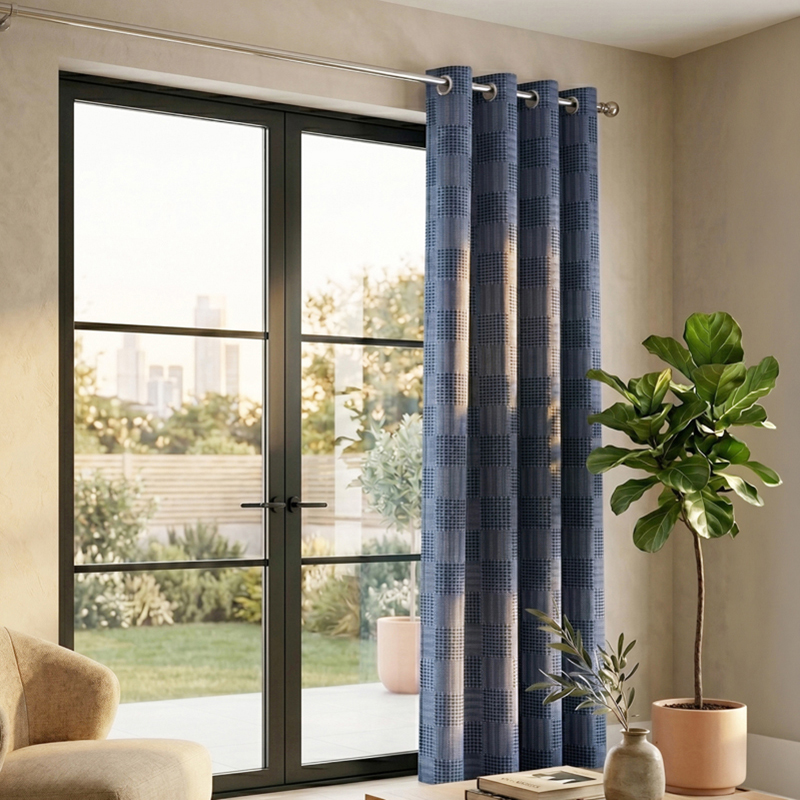Meya Self Design Cotton Curtains - Navy - Window - 5 Feet