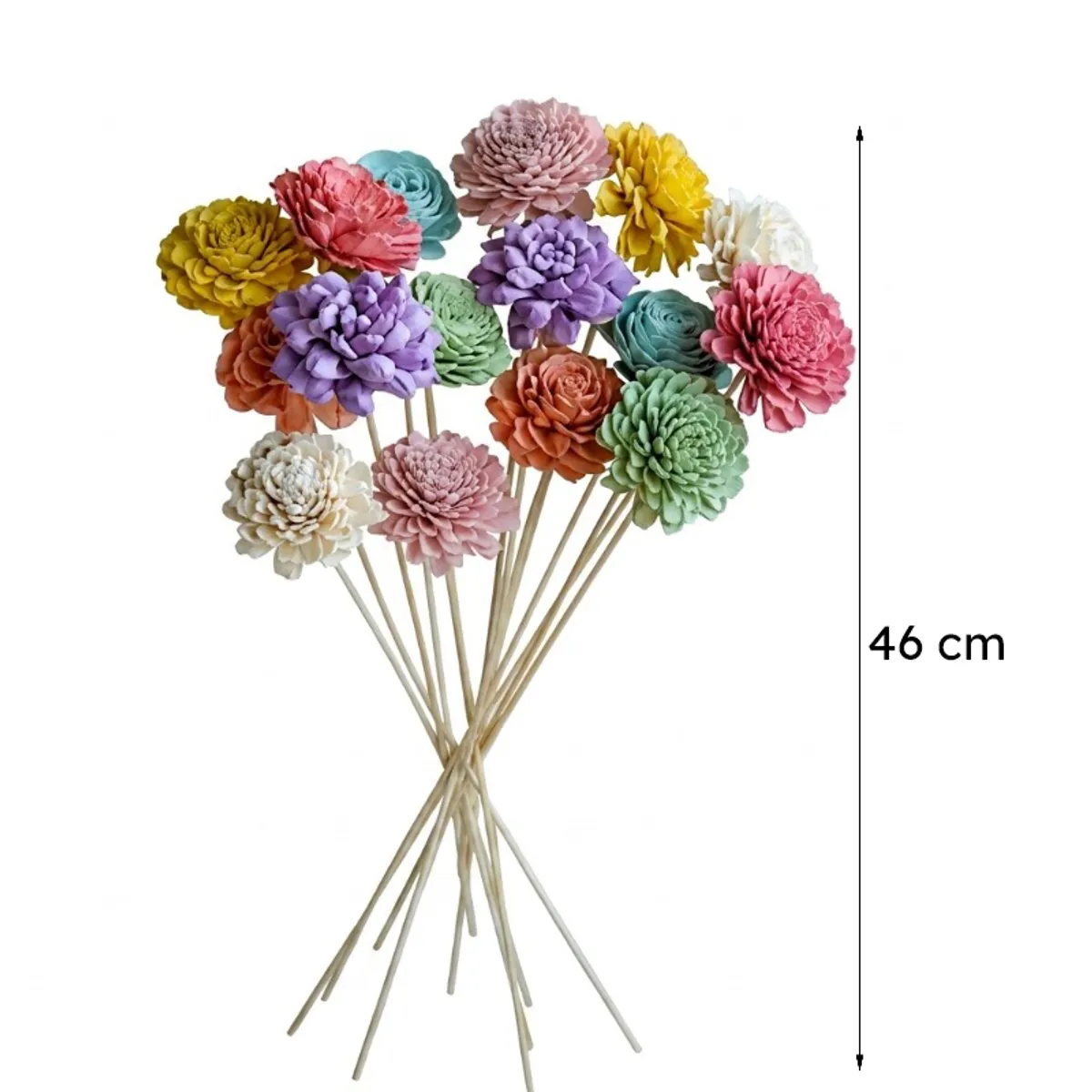Sixteen multicolour flower sticks shown together with a 46 cm height marking