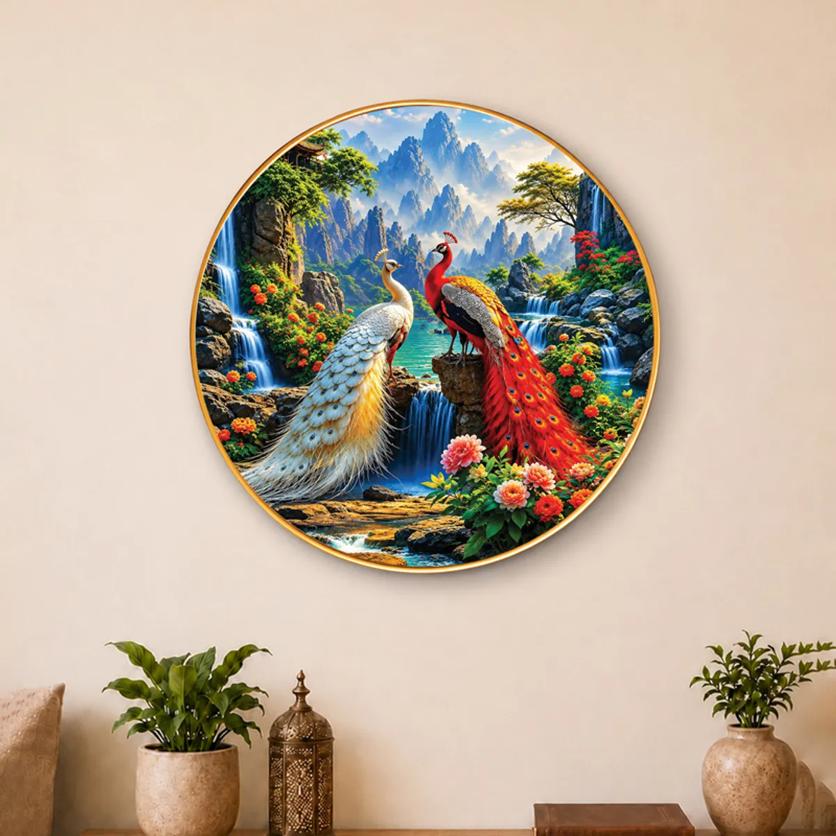 Round multicolour peacock wall art displayed above a console with plants