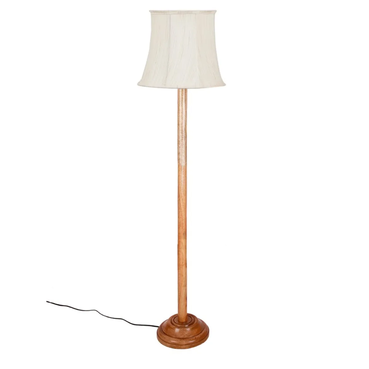 Wooden floor lamp with white shade on a plain white background