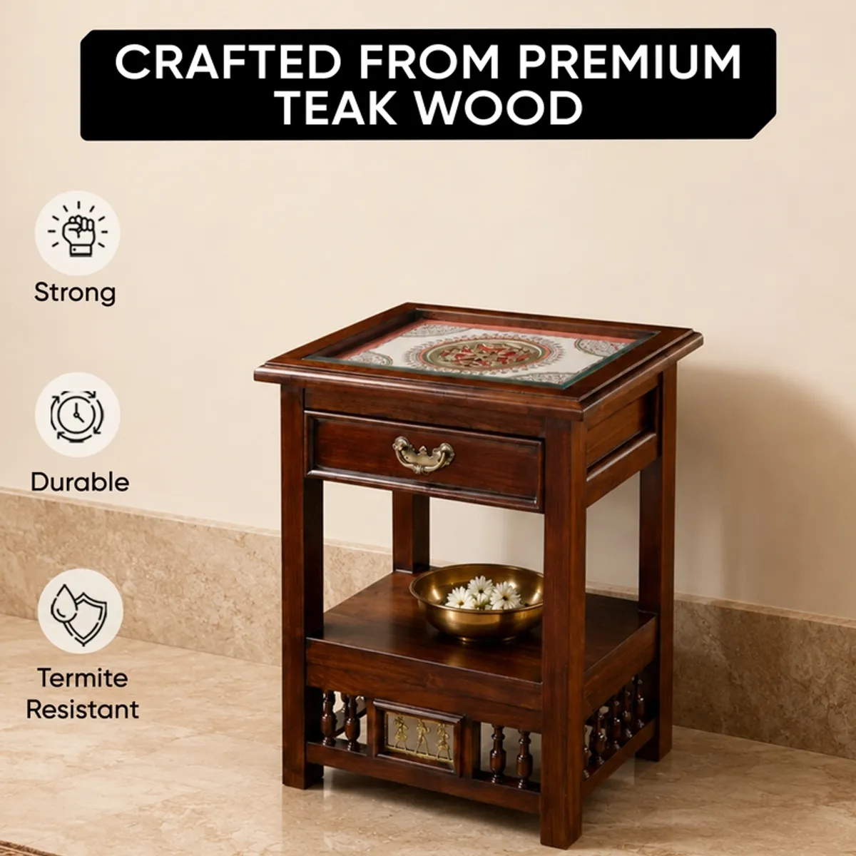 Brown teak wood side table with square decorative top, drawer and open shelf