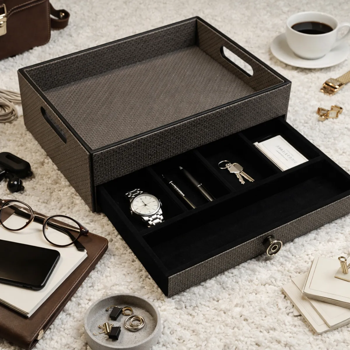 Brown-black organiser with compartments holding a watch, keys and stationery