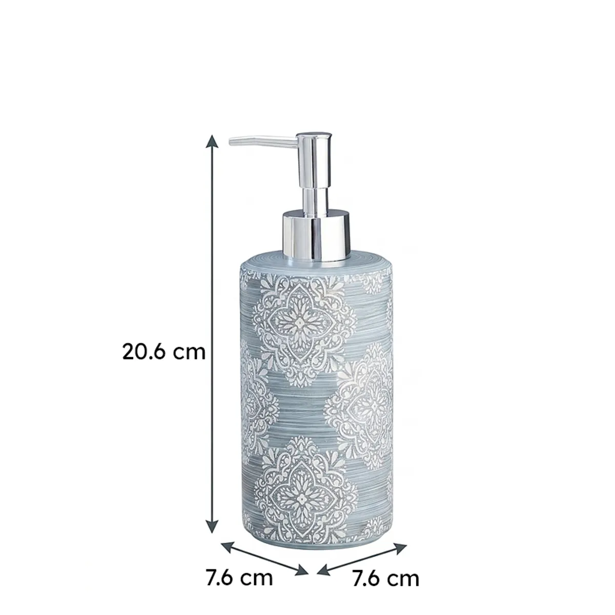 Blue patterned cylindrical soap dispenser with size shown beside it