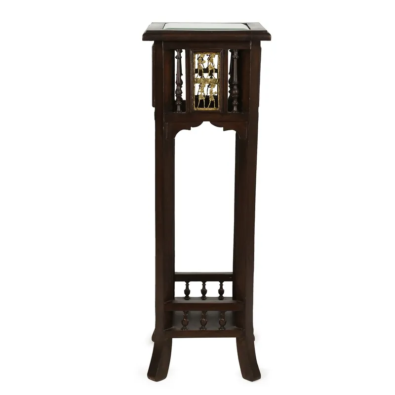 Front view of the tall dark brown side table on a plain background.
