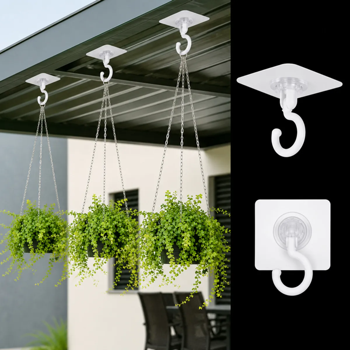 White swivel hooks holding hanging plants beneath an outdoor roof