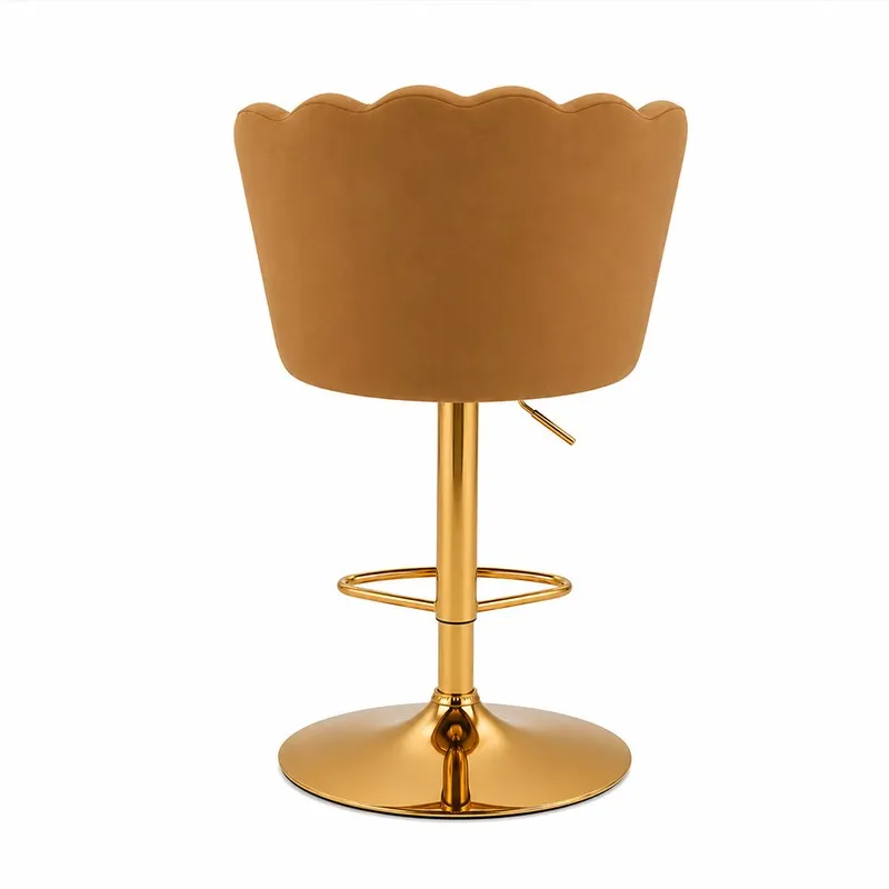 Back view of brown velvet bar chair with scalloped top edge and gold-toned base