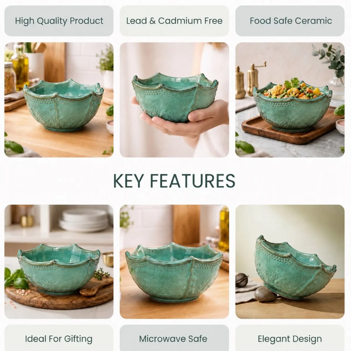 Green ceramic bowl displayed in three views, showing its textured surface and curved rim