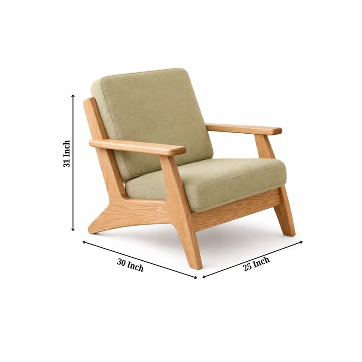 Green wooden accent chair with dimensions marked in the image