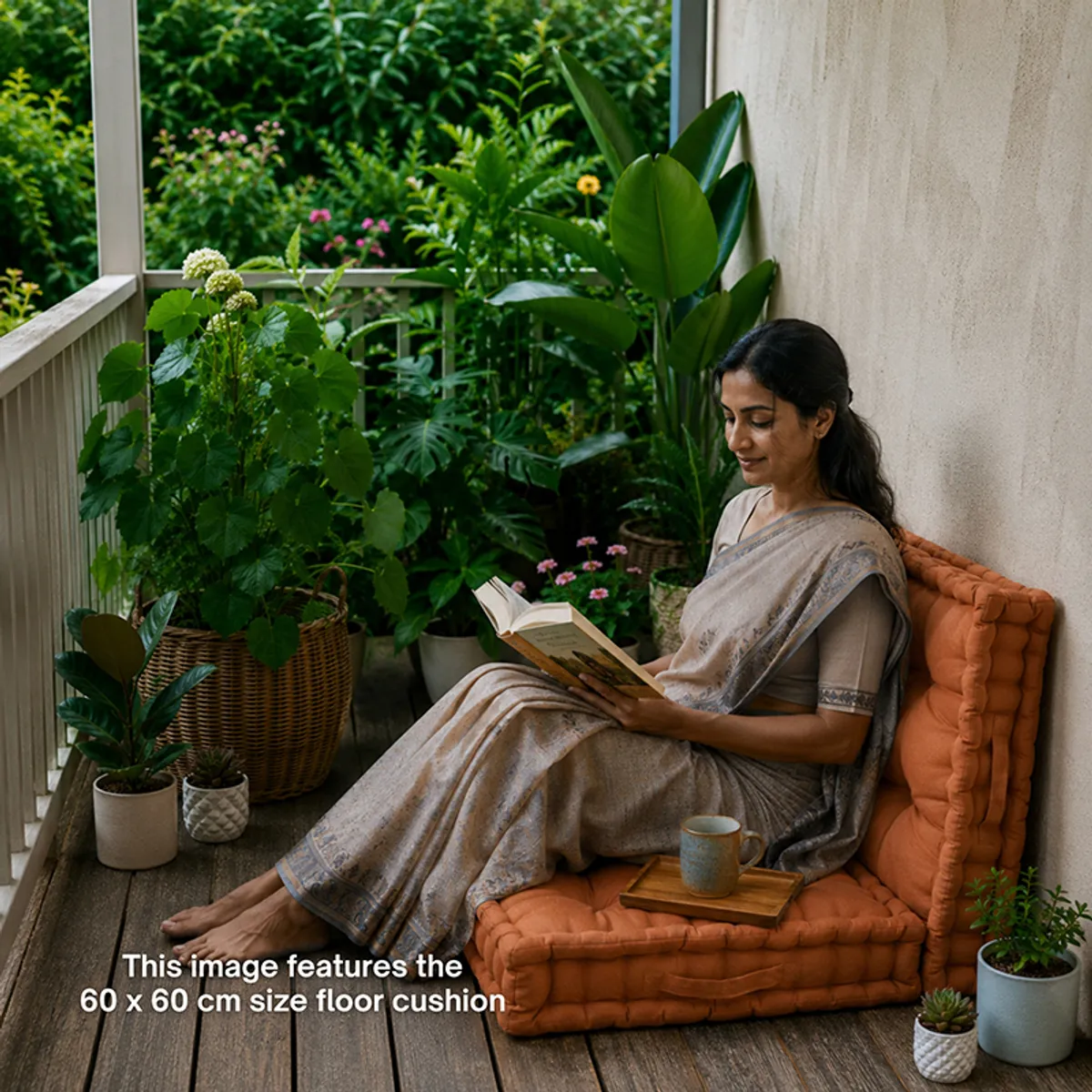Person relaxing with the brown floor cushion in a leafy outdoor seating area