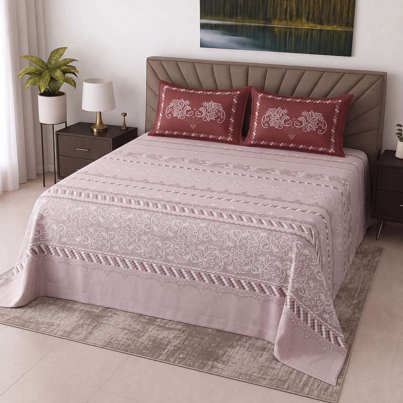 Rovella Cotton Bedsheet - Pink,Maroon - King