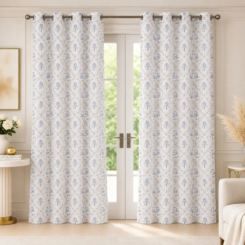 Dreamzy Printed Cotton Curtains (Blue) - Set of Two