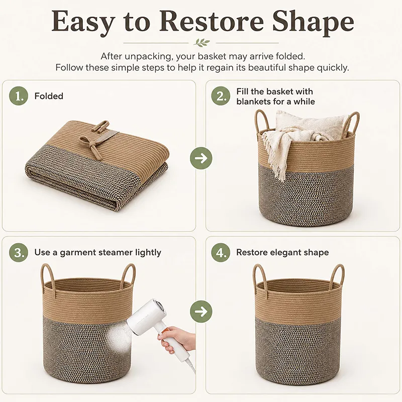 Folded and upright views of a brown basket with shape-restoring steps