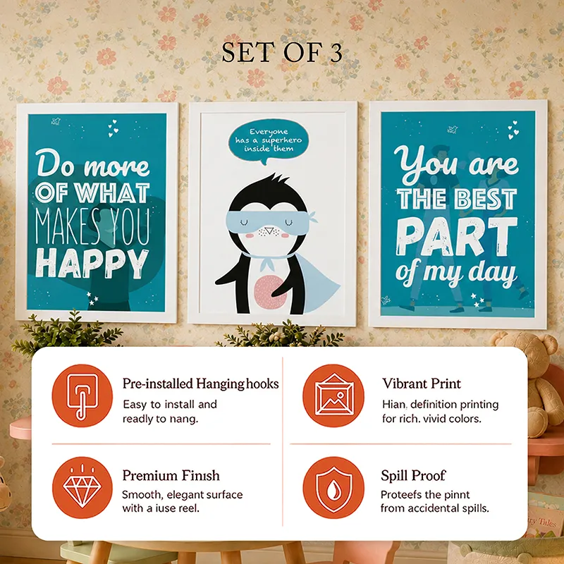Three framed prints shown with a set-of-three heading and feature icons below.